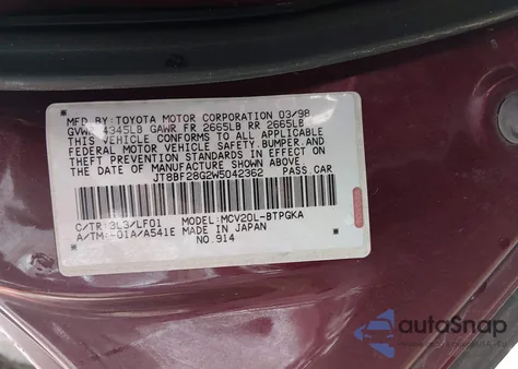 1998 Lexus Es 300 из США, поврежденный, VIN JT8BF28G2W5042362